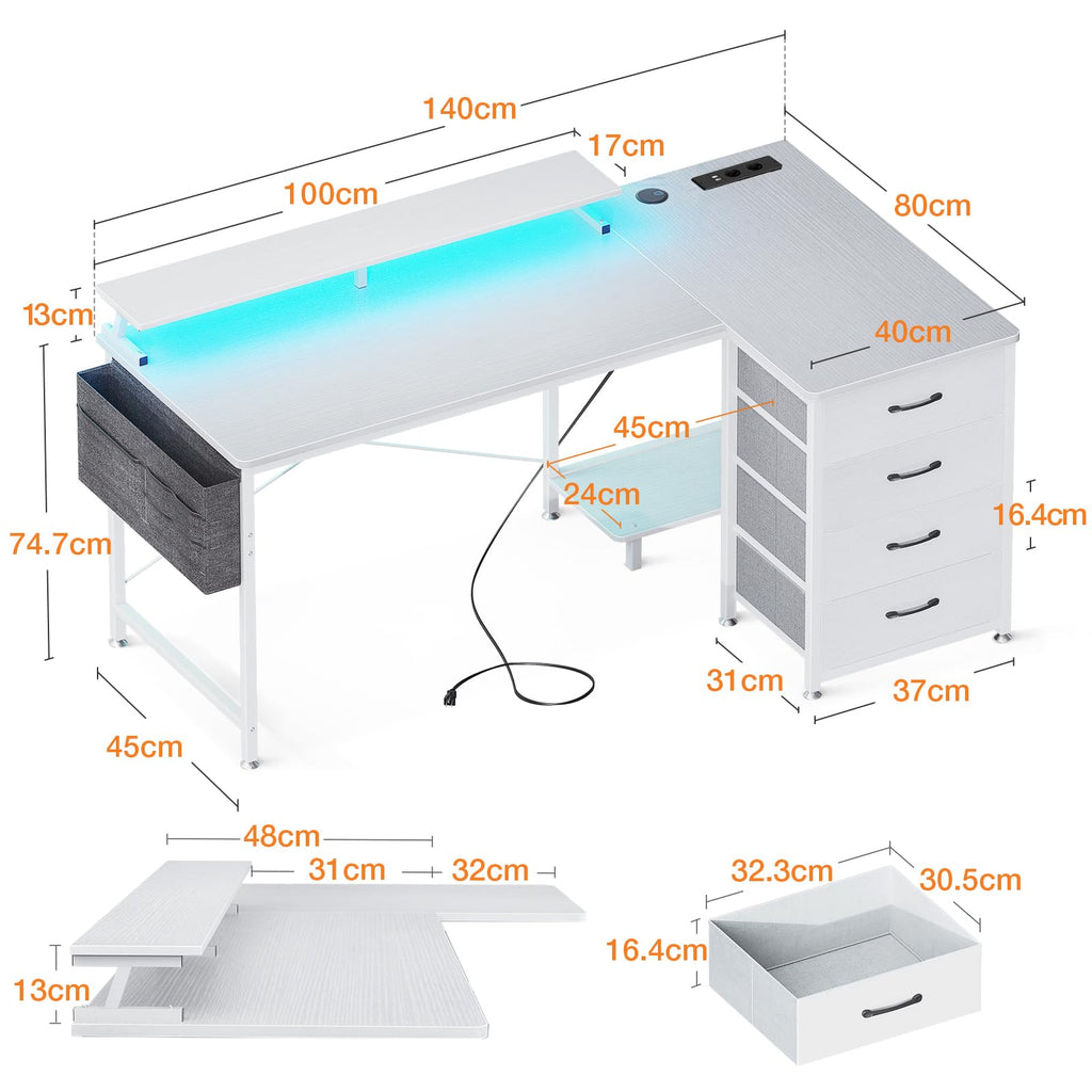 ODK Corner Desk with 4 Fabric Drawers, Reversible Desk L Shape with 2 Sockets and 2 USB Charging Ports, Gaming Table L Shape with LED & Monitor Stand for Home Office (White, 140 x 80 x 85.9 cm)