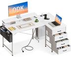 ODK Corner Desk with 4 Drawers and Socket, 140 x 80 cm, White