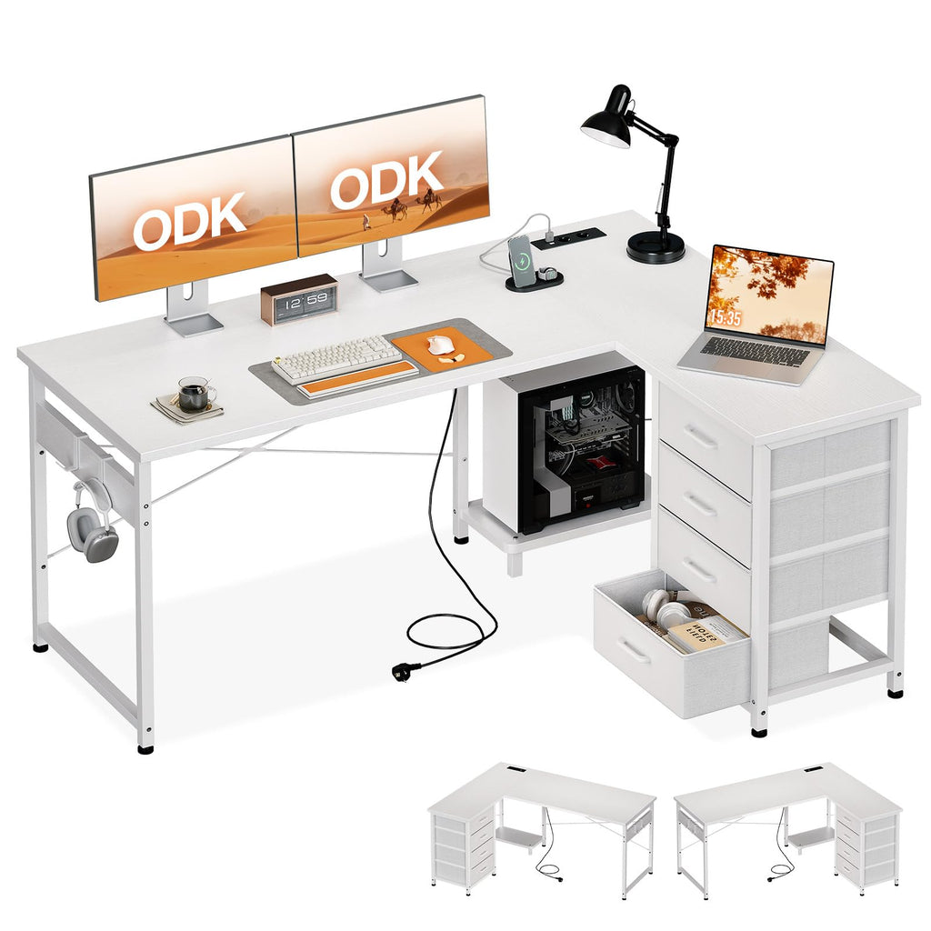ODK Corner Desk with 4 Fabric Drawers, 135 x 100 cm, White