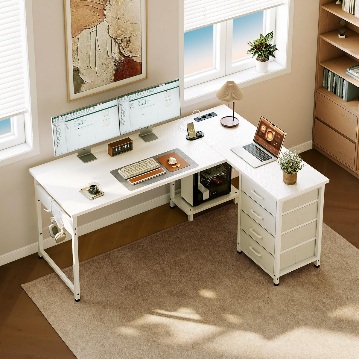 ODK Corner Desk with 4 Fabric Drawers, 135 x 100 cm, White