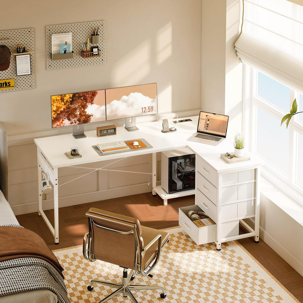 ODK Corner Desk with 4 Fabric Drawers, 135 x 100 cm, White