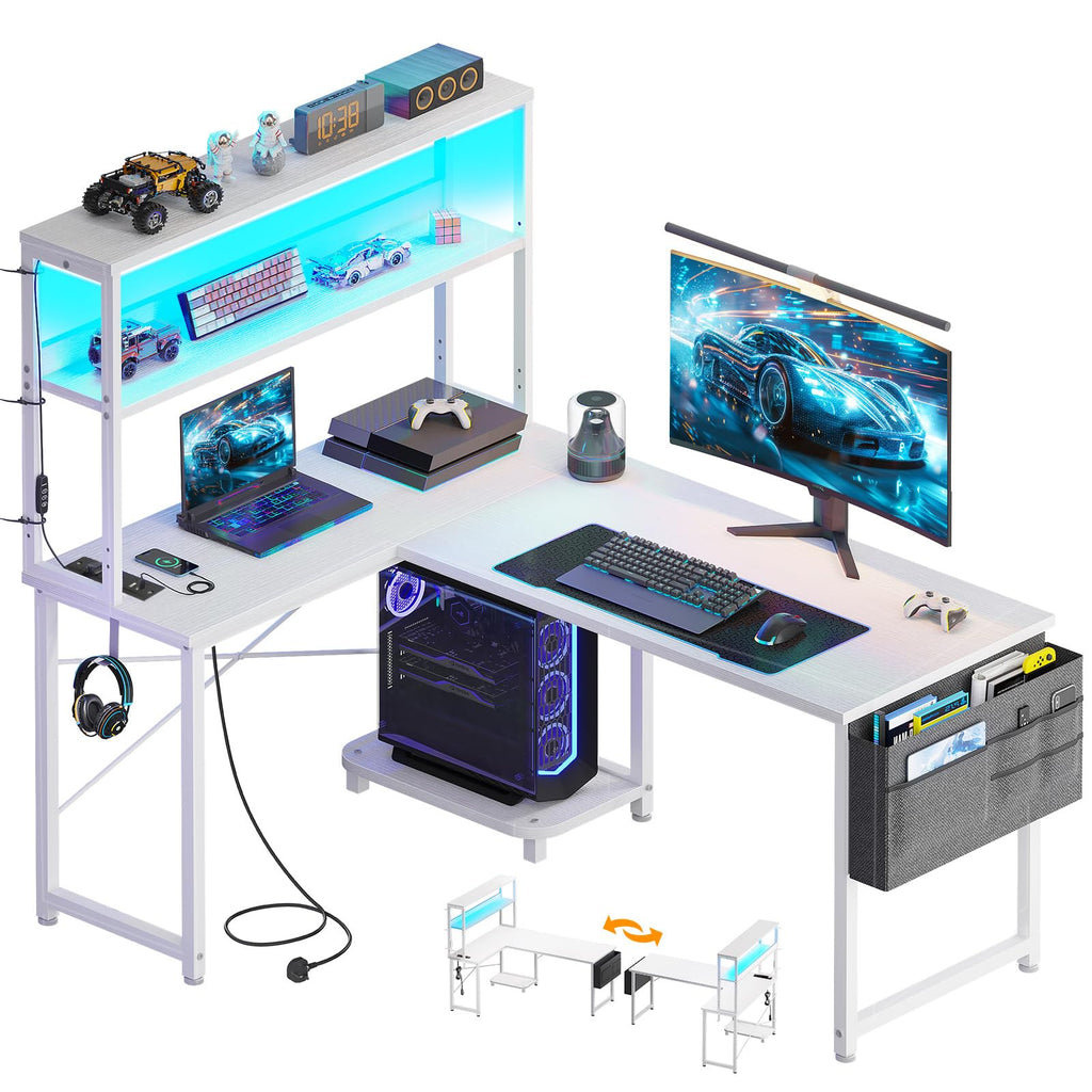 ODK L Shaped Gaming Desk with LED Lights & Power Outlet,Reversible Computer Desk with Adjustable Shelves, Corner Desk with Storage Bag & Headphone Hook for Home Office,Gaming,115 * 80 * 75.6cm,White