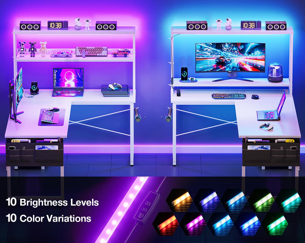 ODK L Shaped Gaming Desk with LED Lights & Power Outlet,Reversible Computer Desk with Adjustable Shelves, Corner Desk with Storage Bag & Headphone Hook for Home Office,Gaming,115 * 80 * 75.6cm,White