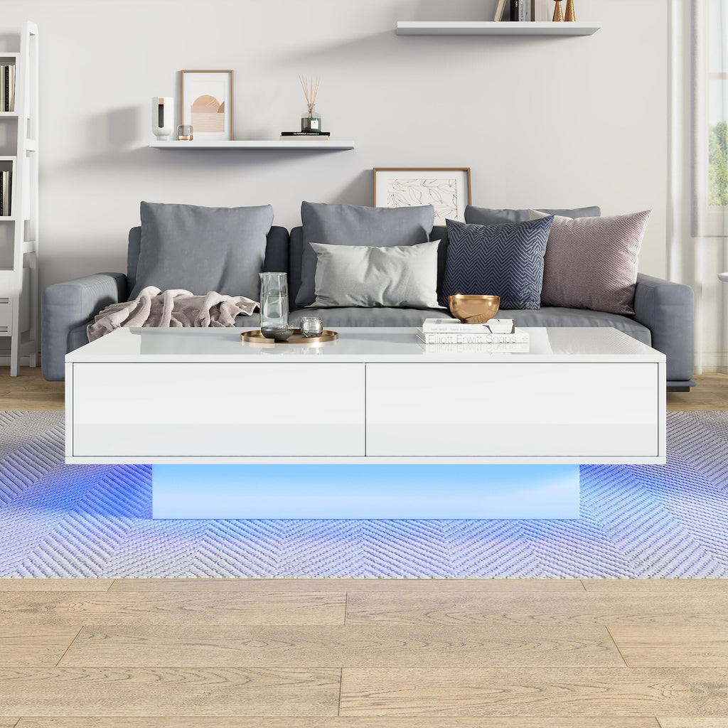 TIZZ Modern High Gloss Coffee Table with 2 Drawers LED Lighting and 30kg Load Capacity - Elegant Living Room Table 115 x 55 x 34 cm (White)