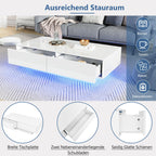 TIZZ Modern High Gloss Coffee Table with 2 Drawers LED Lighting and 30kg Load Capacity - Elegant Living Room Table 115 x 55 x 34 cm (White)