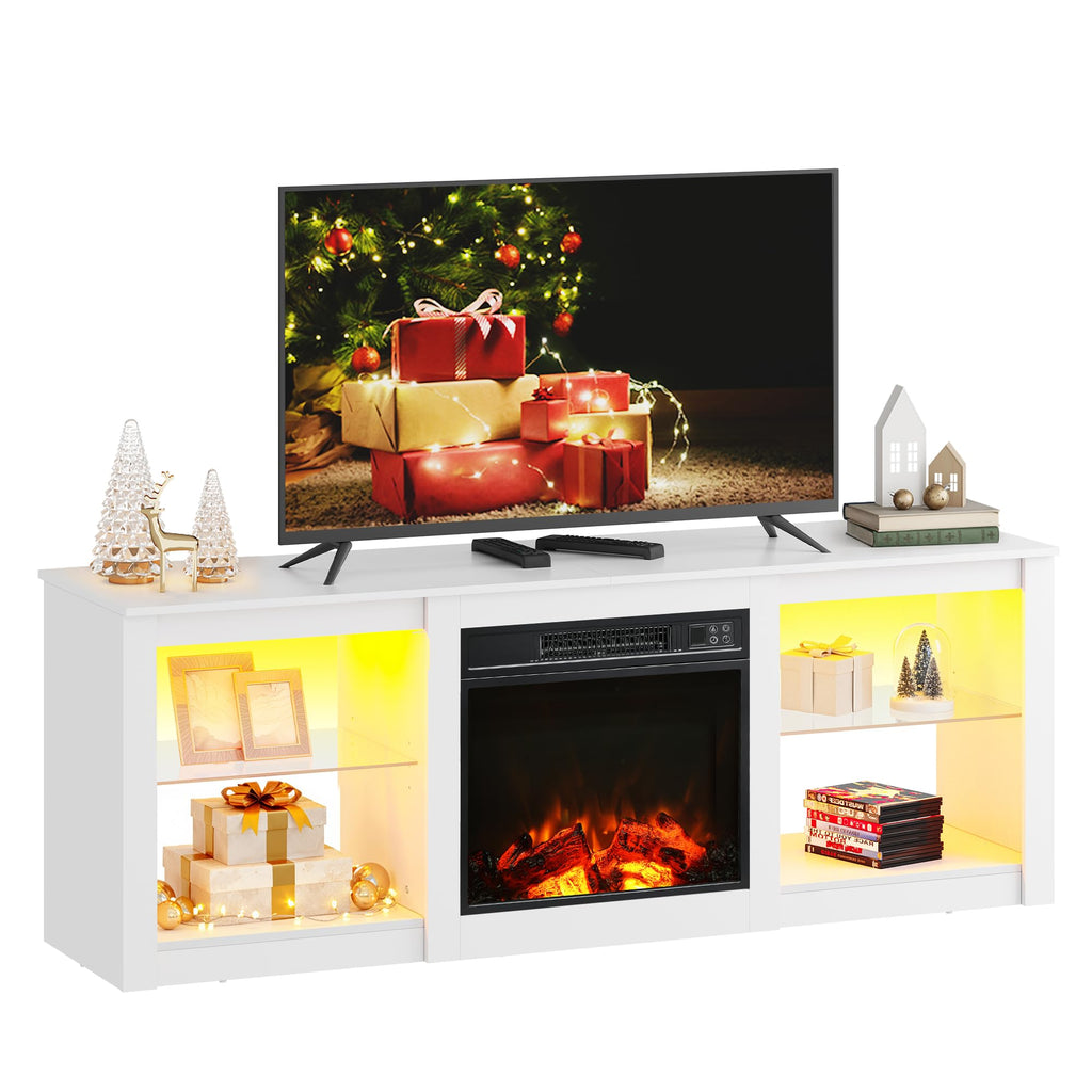 WLIVE 58 Inches Fireplace TV Stand with LED Lights, Modern Entertainment Center with 18'' Electric Fireplace & Adjustable Glass Shelves, Sturdy Media Console for Living Room, Bedroom (White)