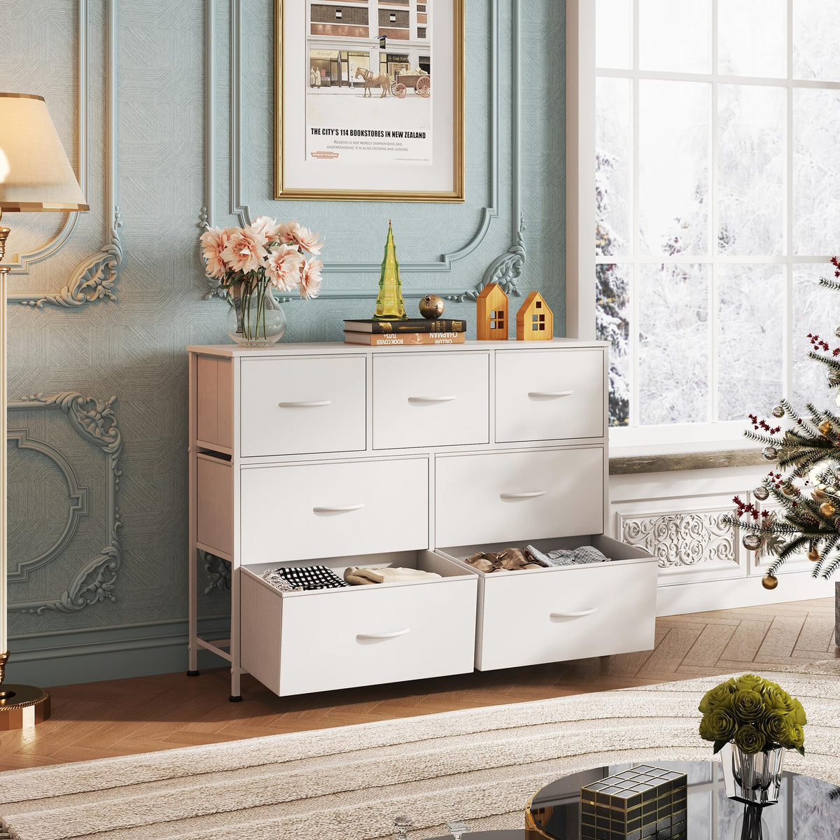 WLIVE Dresser for Bedroom, 7 Drawers, TV Stand, White