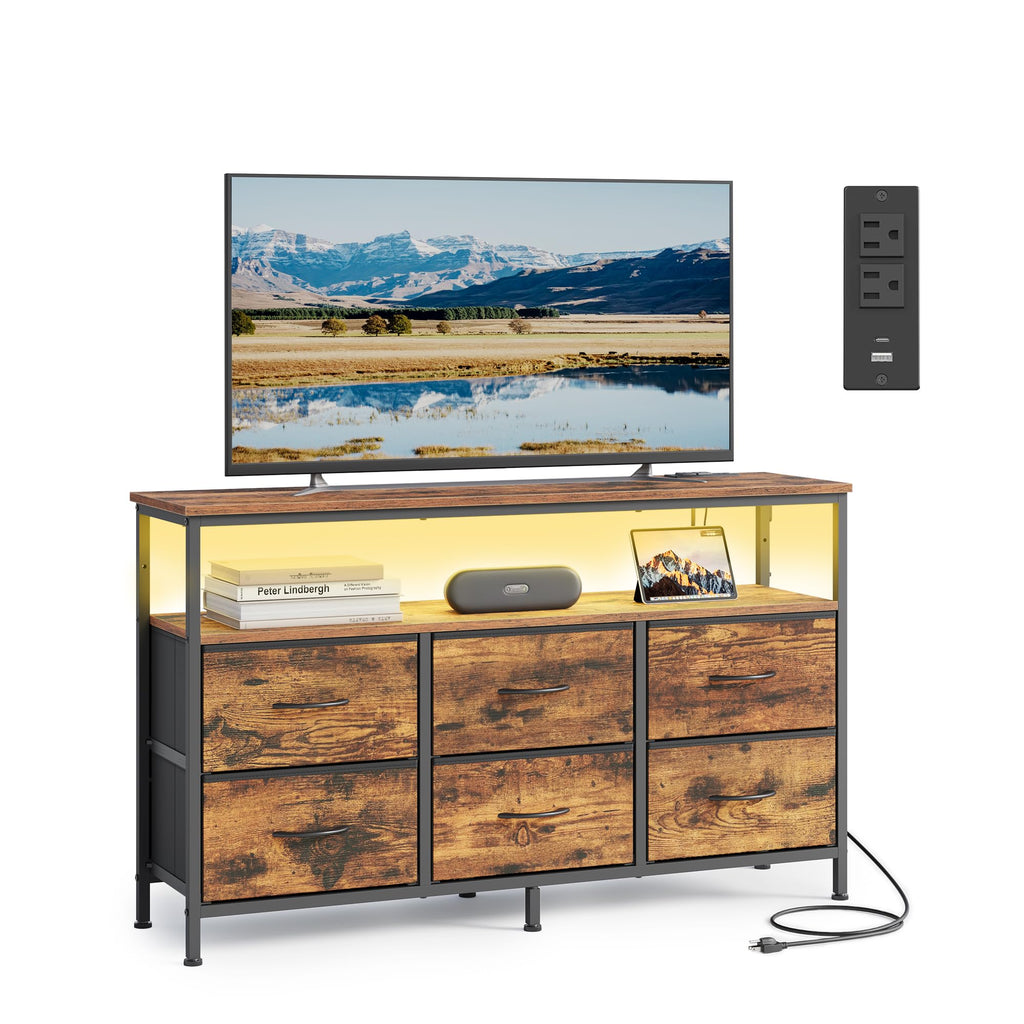SONGMICS Dresser for Bedroom, Wide Dresser with 6 Drawers & Open Shelf