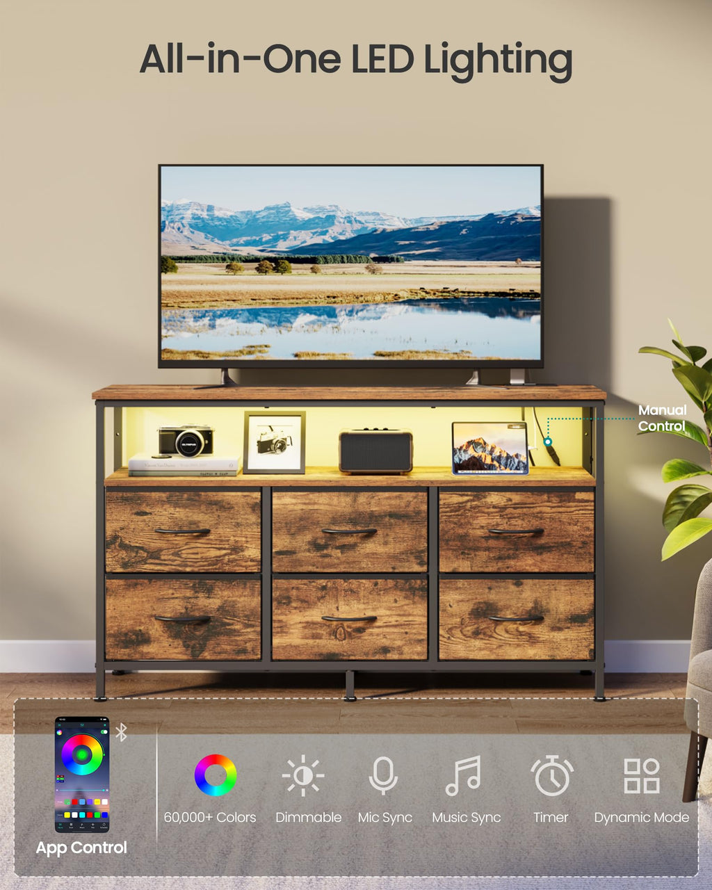 SONGMICS Dresser for Bedroom, Wide Dresser with 6 Drawers & Open Shelf