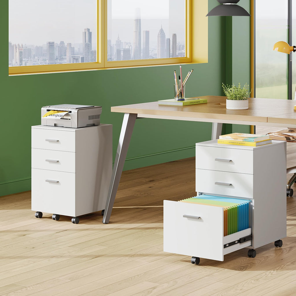 DEVAISE 3 Drawer Wood File Cabinet, Under Desk Filing Cabinet, White