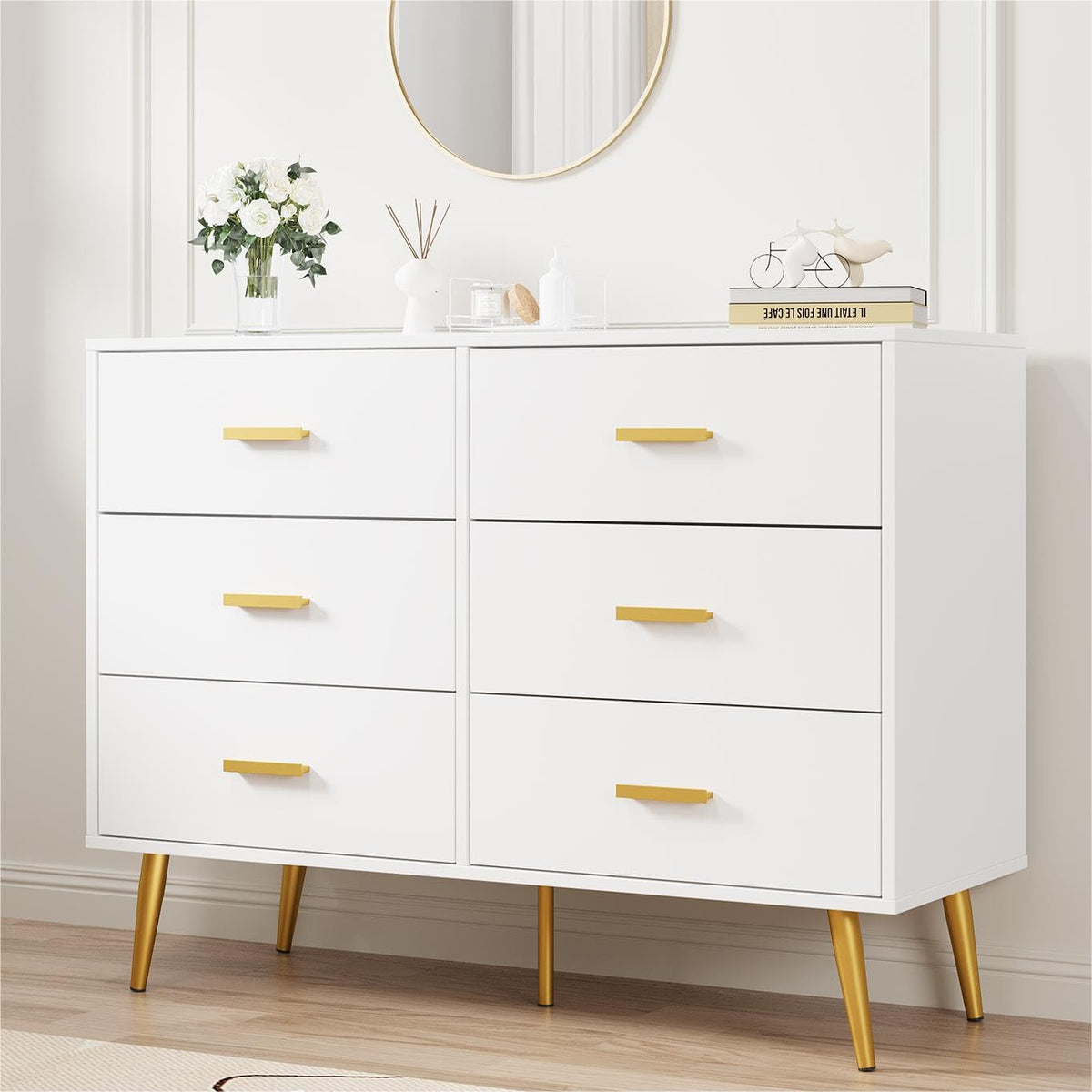 IDEALHOUSE 6 Drawer Dresser, Chest of Drawers with Gold Handles, White