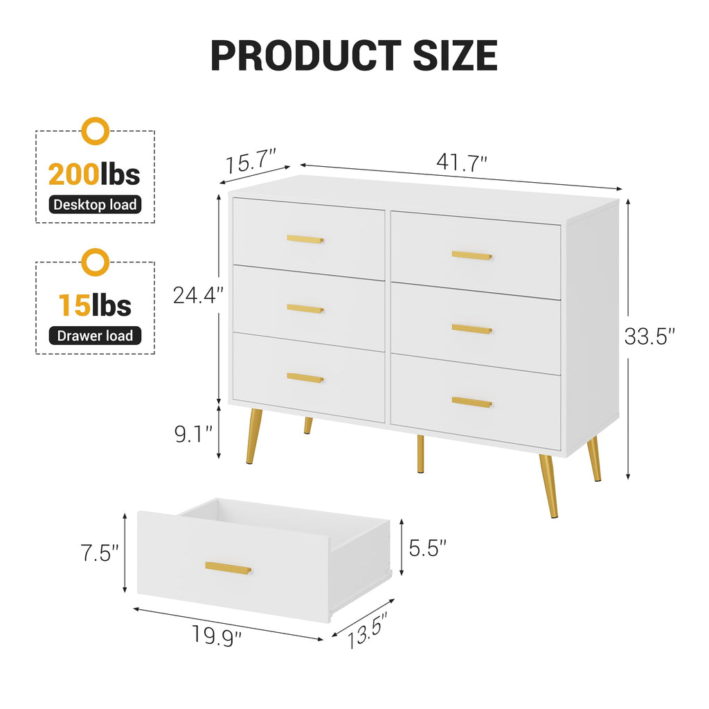 IDEALHOUSE 6 Drawer Dresser, Chest of Drawers with Gold Handles, White
