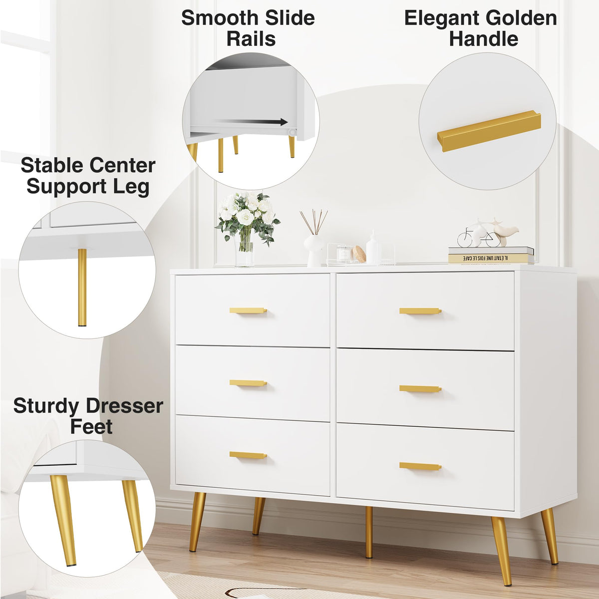 IDEALHOUSE 6 Drawer Dresser, Chest of Drawers with Gold Handles, White