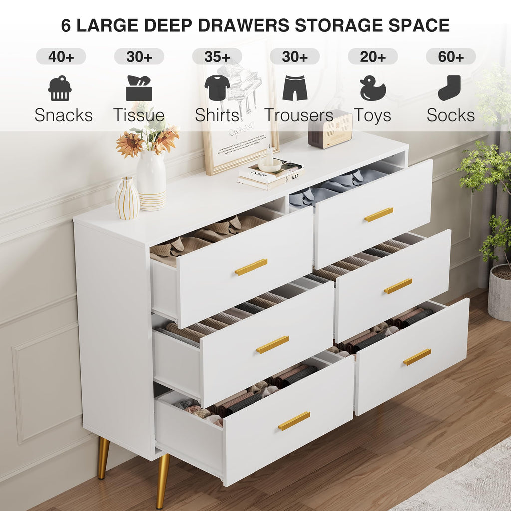 IDEALHOUSE 6 Drawer Dresser, Chest of Drawers with Gold Handles, White