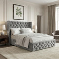 Blisswood Double Ottoman Bed Frame, 4ft6 Velvet Upholstered Wingback Bed with Deep Button Tufted Headboard & Footboard, Gas Lift End Opening Storage, Space Saving Under Bed Storage Wooden Slats, Grey