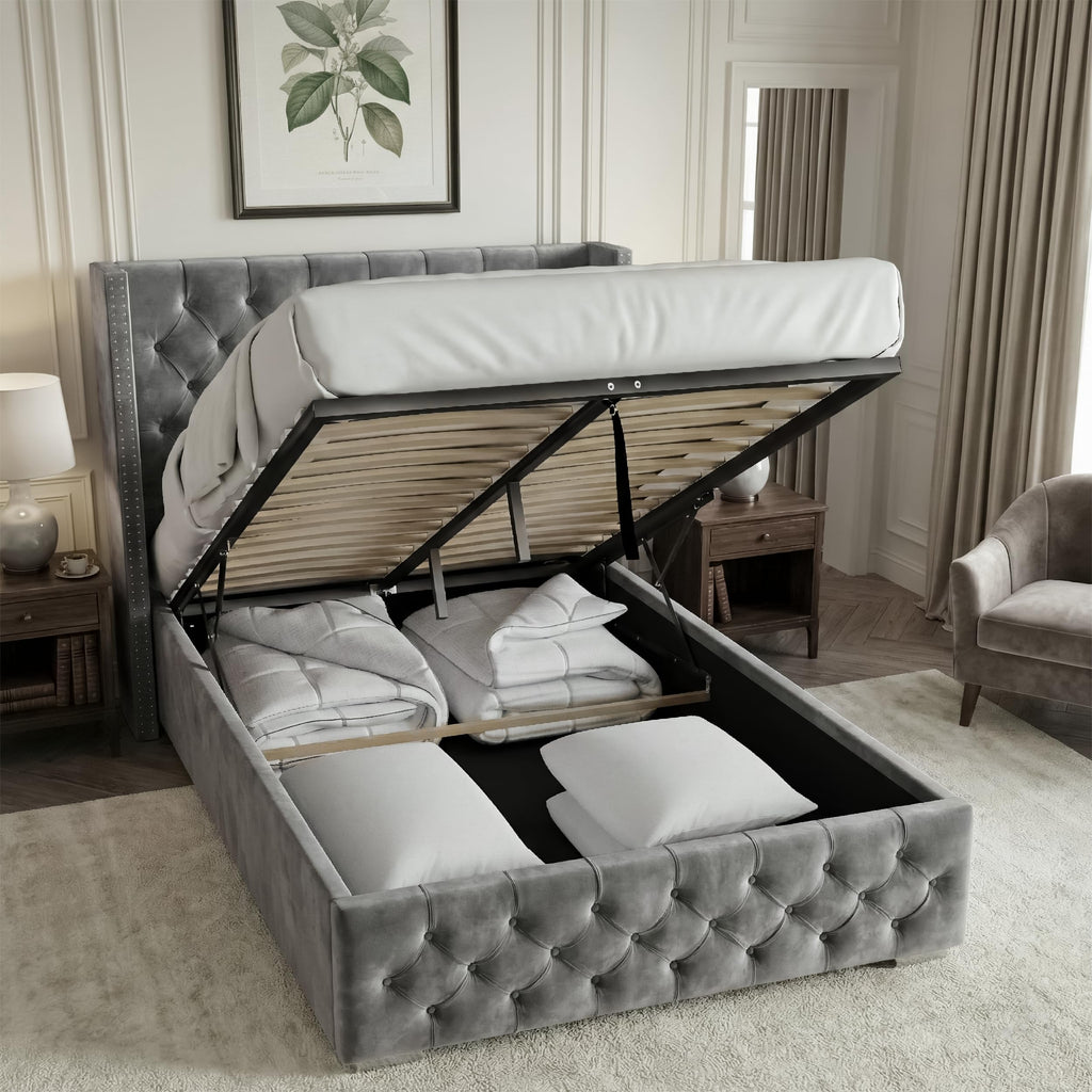 Blisswood Double Ottoman Bed Frame, 4ft6 Velvet Upholstered Wingback Bed with Deep Button Tufted Headboard & Footboard, Gas Lift End Opening Storage, Space Saving Under Bed Storage Wooden Slats, Grey