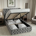 Blisswood Double Ottoman Bed Frame, 4ft6 Velvet Upholstered Wingback Bed with Deep Button Tufted Headboard & Footboard, Gas Lift End Opening Storage, Space Saving Under Bed Storage Wooden Slats, Grey