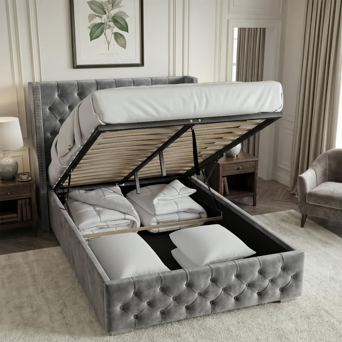 Blisswood Double Ottoman Bed Frame, 4ft6 Velvet Upholstered Wingback Bed with Deep Button Tufted Headboard & Footboard, Gas Lift End Opening Storage, Space Saving Under Bed Storage Wooden Slats, Grey