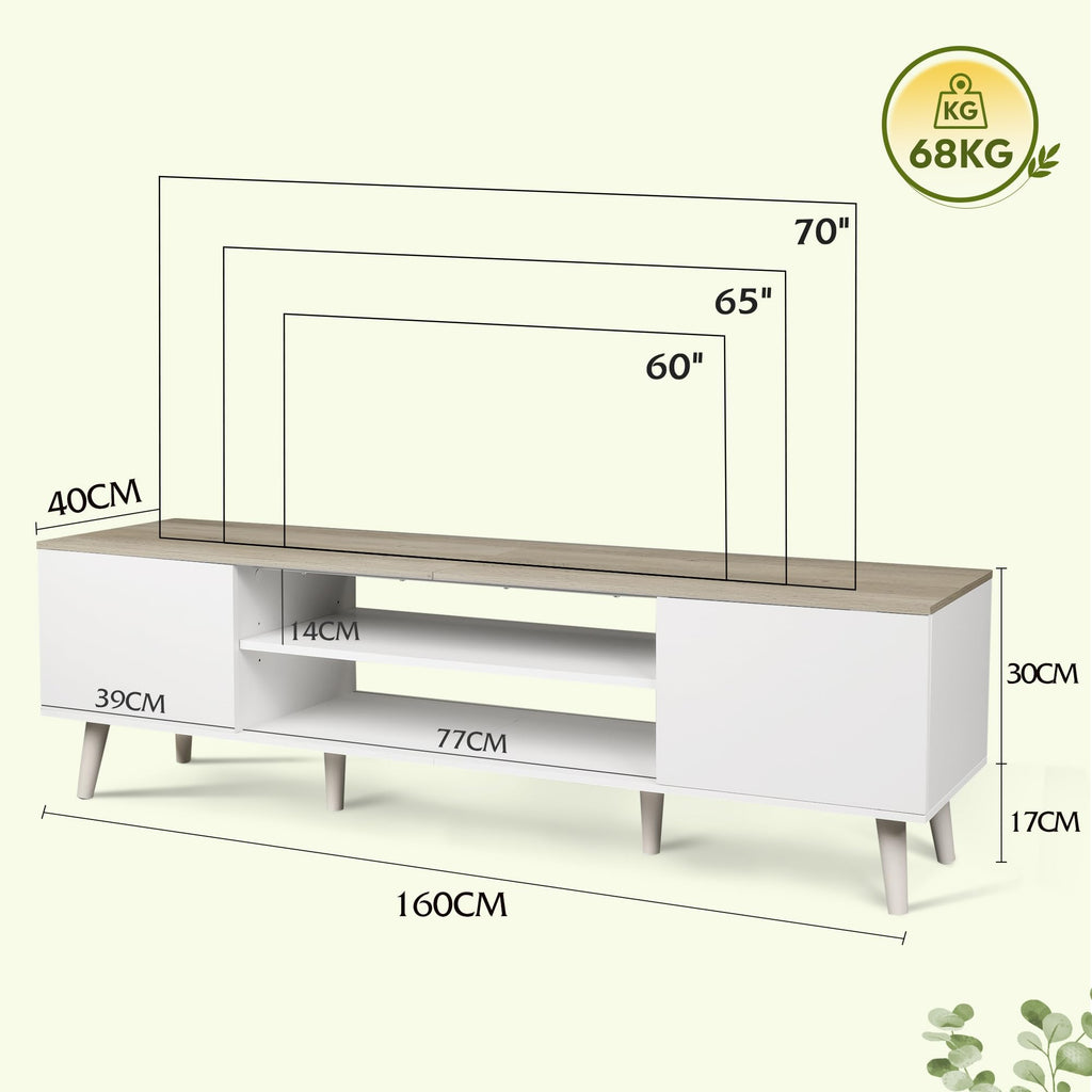 WLIVE TV Cabinet 160 cm Lowboard with 2 Doors up to 70 Inches White 160 x