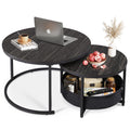 WLIVE Round Coffee Table, Set of 2, Side Tables with Fabric Basket, Nesting Tables, Living Room Table with Metal Frame and Wooden Top, Sofa Table for Living Room, Balcony (Charcoal Black)