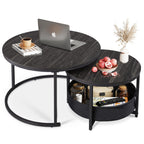 WLIVE Round Coffee Table, Set of 2, Side Tables with Fabric Basket, Nesting Tables, Living Room Table with Metal Frame and Wooden Top, Sofa Table for Living Room, Balcony (Charcoal Black)