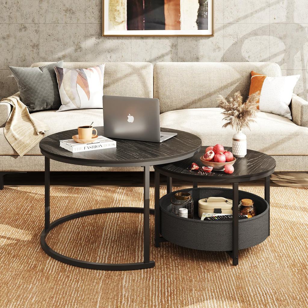 WLIVE Round Coffee Table, Set of 2, Side Tables with Fabric Basket, Nesting Tables, Living Room Table with Metal Frame and Wooden Top, Sofa Table for Living Room, Balcony (Charcoal Black)