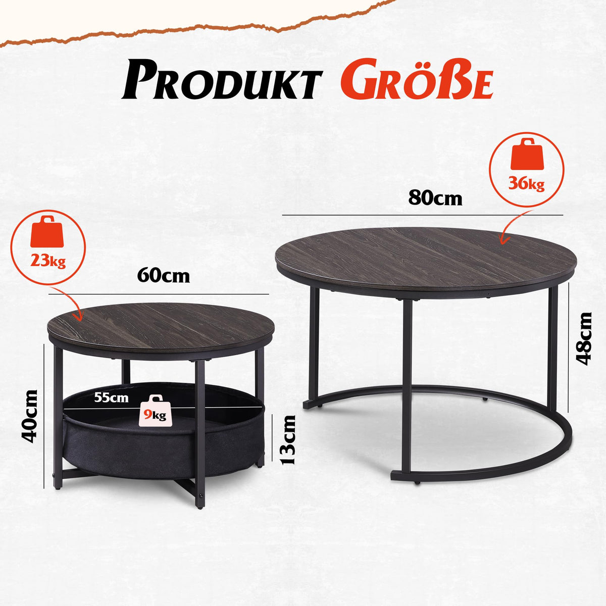 WLIVE Round Coffee Table, Set of 2, Side Tables with Fabric Basket, Nesting Tables, Living Room Table with Metal Frame and Wooden Top, Sofa Table for Living Room, Balcony (Charcoal Black)