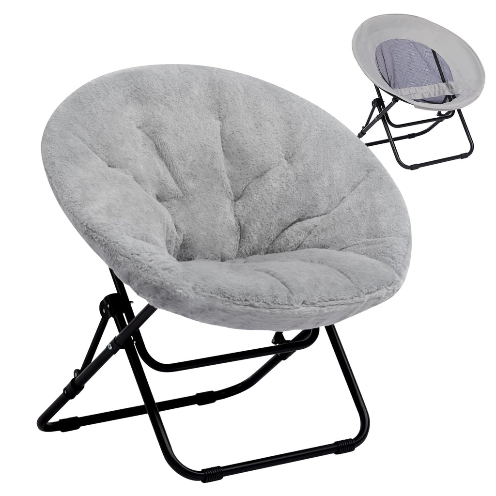 HollyHOME Folding Armchair, Round Folding Chair, Living Room, Wing Chair, Round Lounge Chair, Moon Chair, Relaxing Chair, Cosy Reading Chair, Bedroom, Plush, Grey