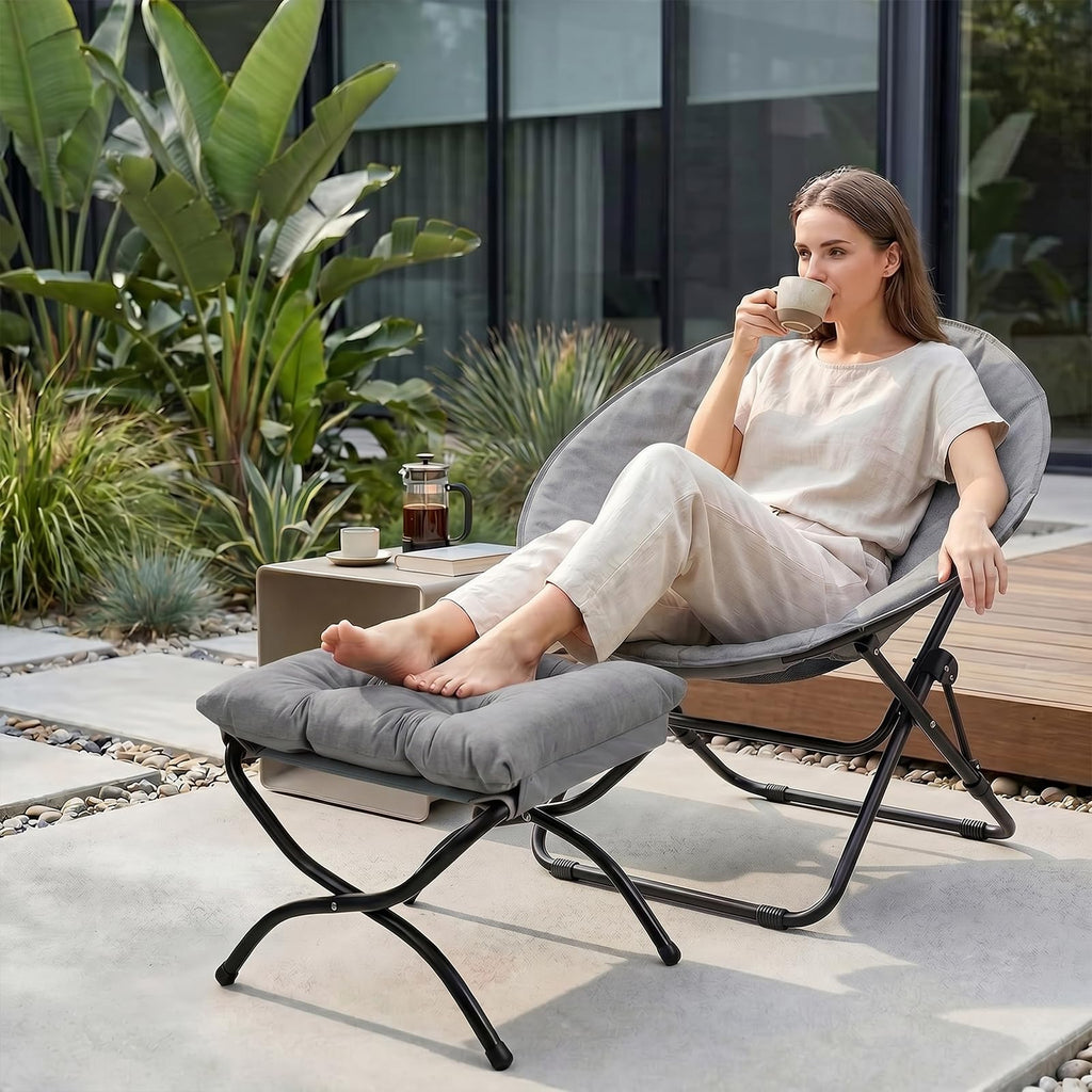HollyHOME Folding Armchair, Round Folding Chair, Living Room, Wing Chair, Round Lounge Chair, Moon Chair, Relaxing Chair, Cosy Reading Chair, Bedroom, Plush, Grey