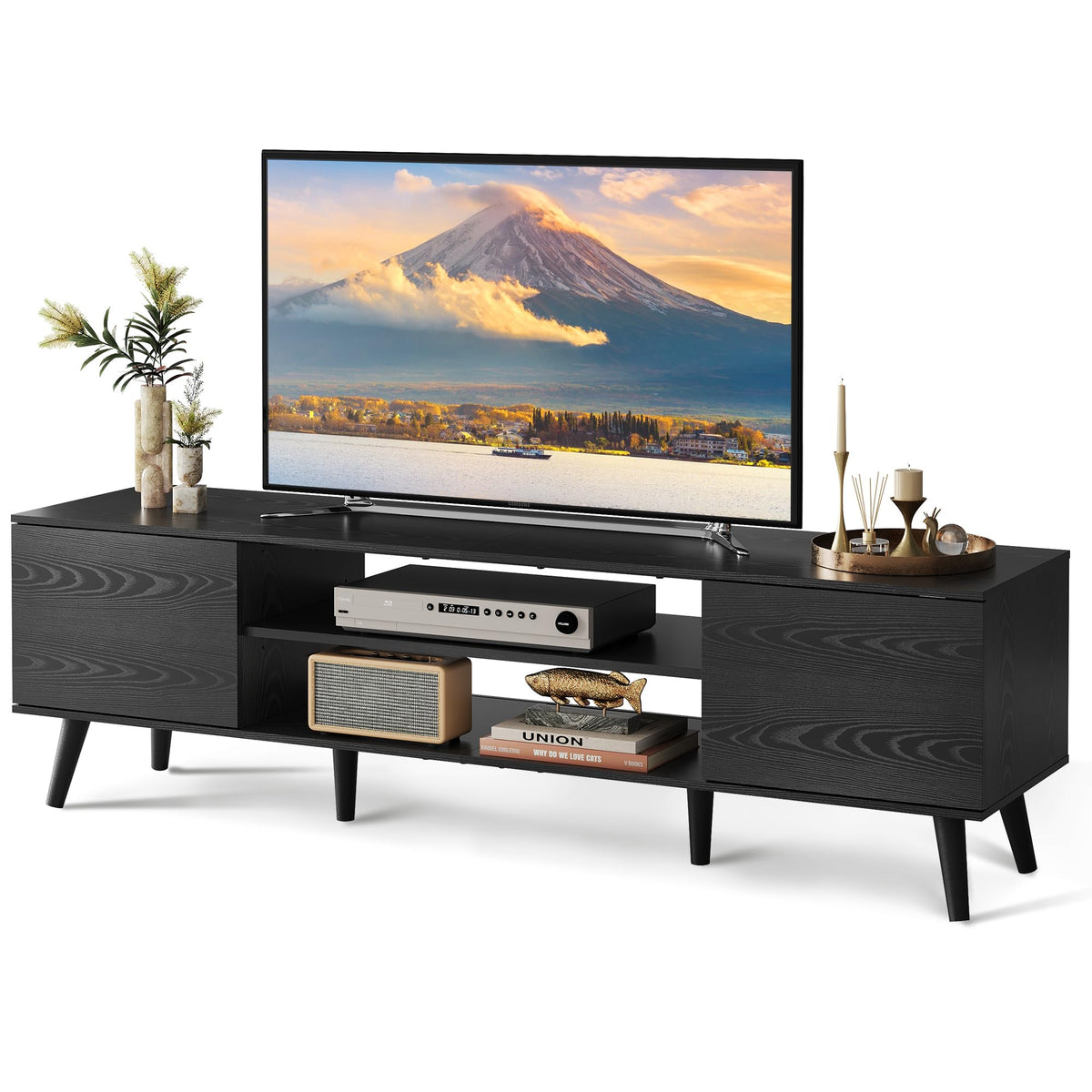 WLIVE TV Cabinet 160 cm Lowboard with 2 Doors up to 70 Inches Black 160 x