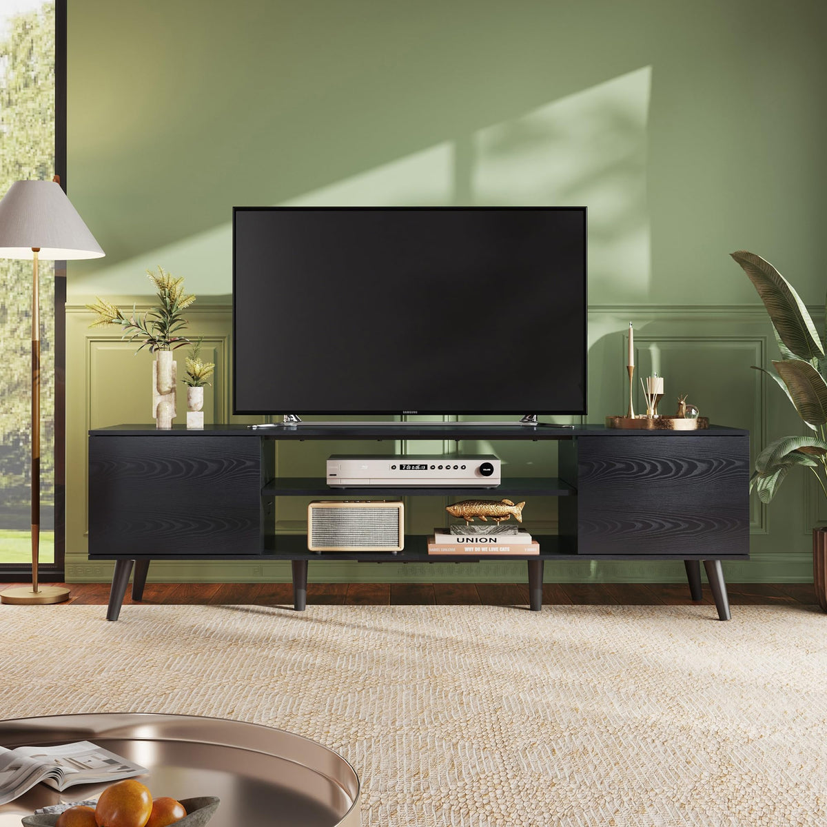 WLIVE TV Cabinet 160 cm Lowboard with 2 Doors up to 70 Inches Black 160 x