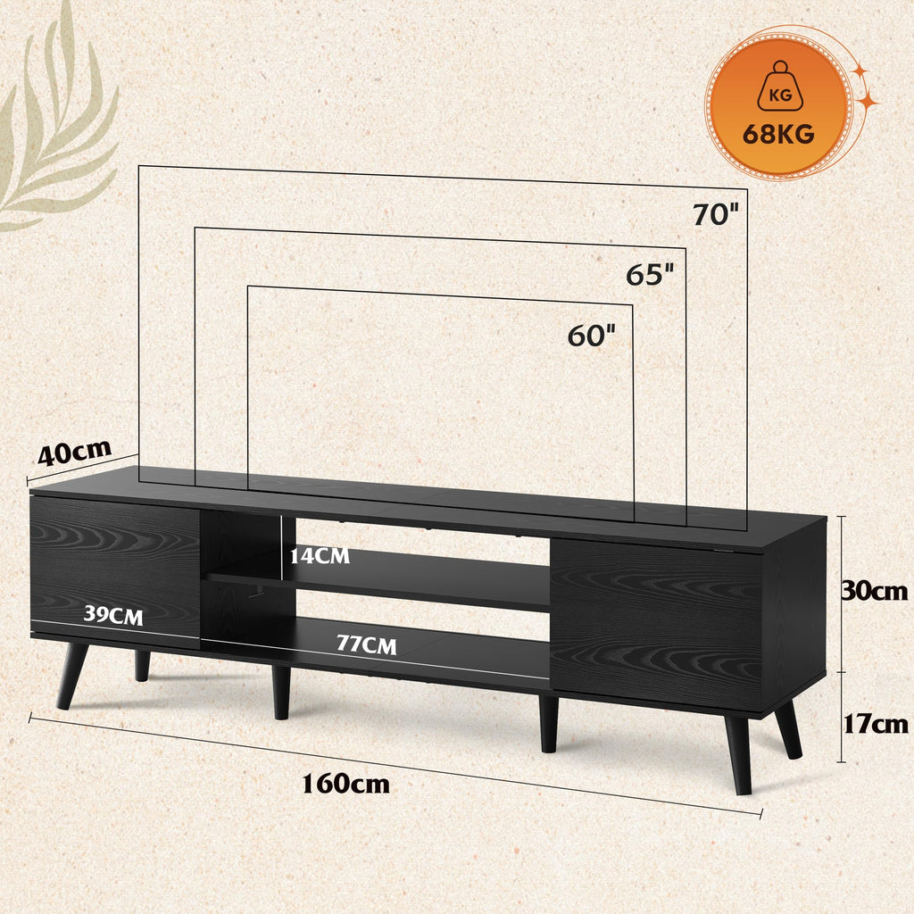 WLIVE TV Cabinet 160 cm Lowboard with 2 Doors up to 70 Inches Black 160 x