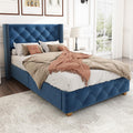 Upholstered Bed 90 x 200 cm Blue Velvet with Slatted Base Padded with Buttons and Rivet Design