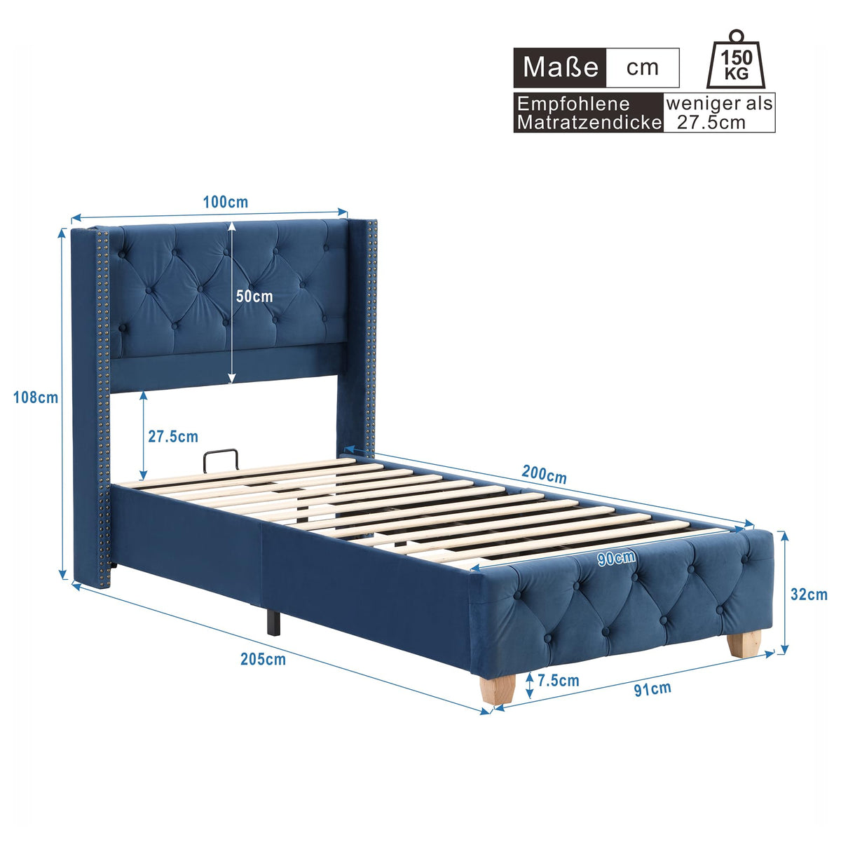 Upholstered Bed 90 x 200 cm Blue Velvet with Slatted Base Padded with Buttons and Rivet Design