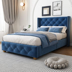 Upholstered Bed 90 x 200 cm Blue Velvet with Slatted Base Padded with Buttons and Rivet Design