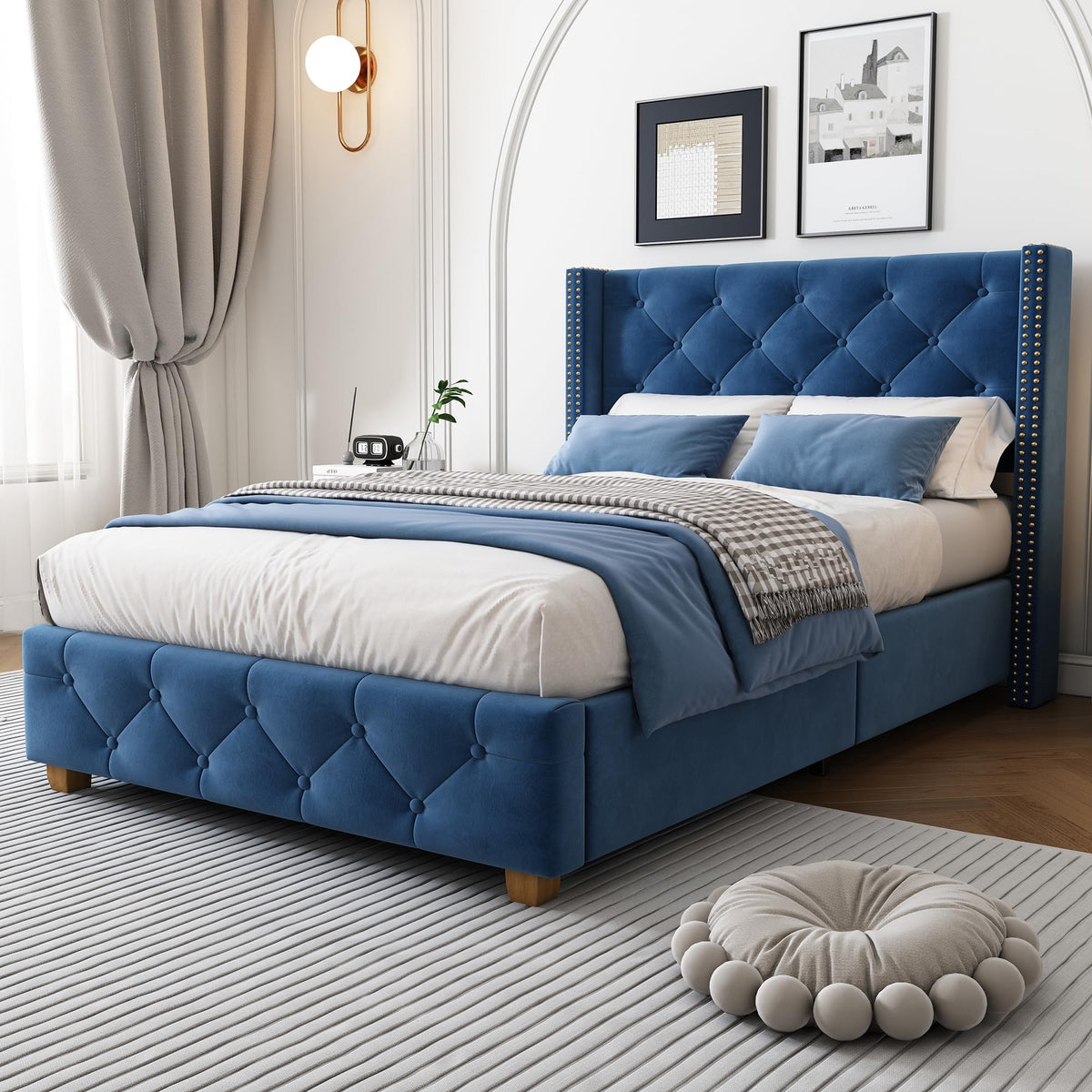 Upholstered Bed 90 x 200 cm Blue Velvet with Slatted Base Padded with Buttons and Rivet Design