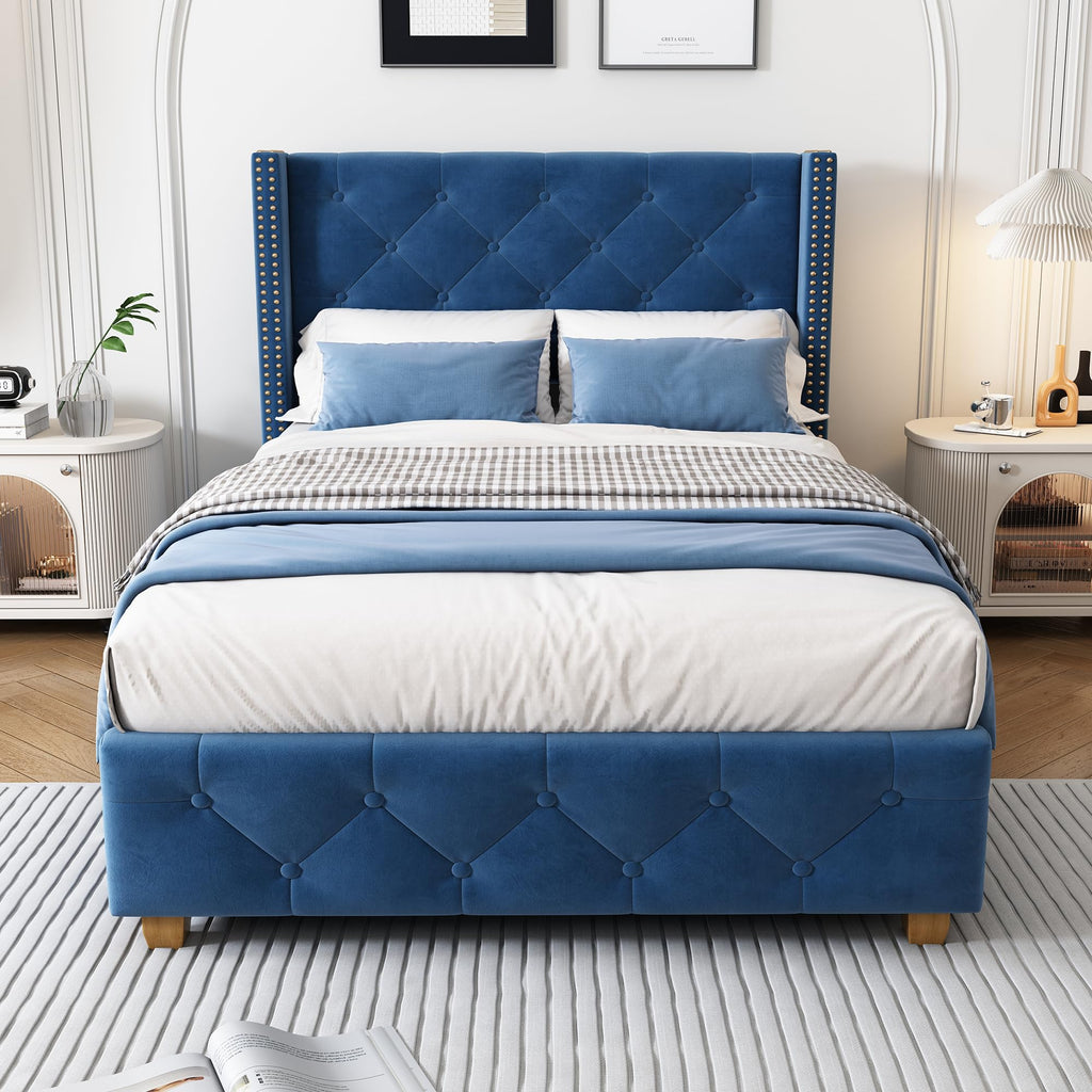 Upholstered Bed 90 x 200 cm Blue Velvet with Slatted Base Padded with Buttons and Rivet Design