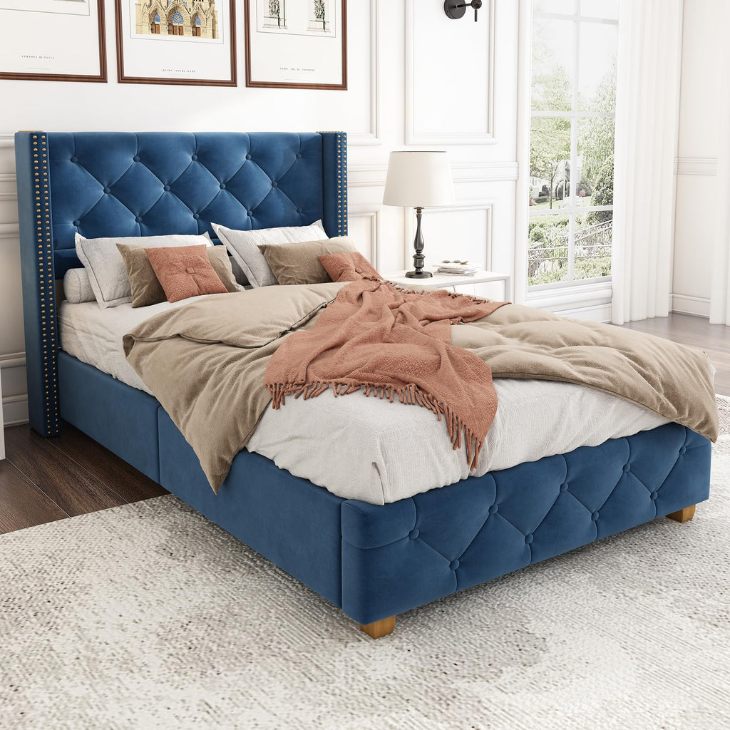 Upholstered Bed 90 x 200 cm Blue Velvet with Slatted Base Padded with Buttons and Rivet Design