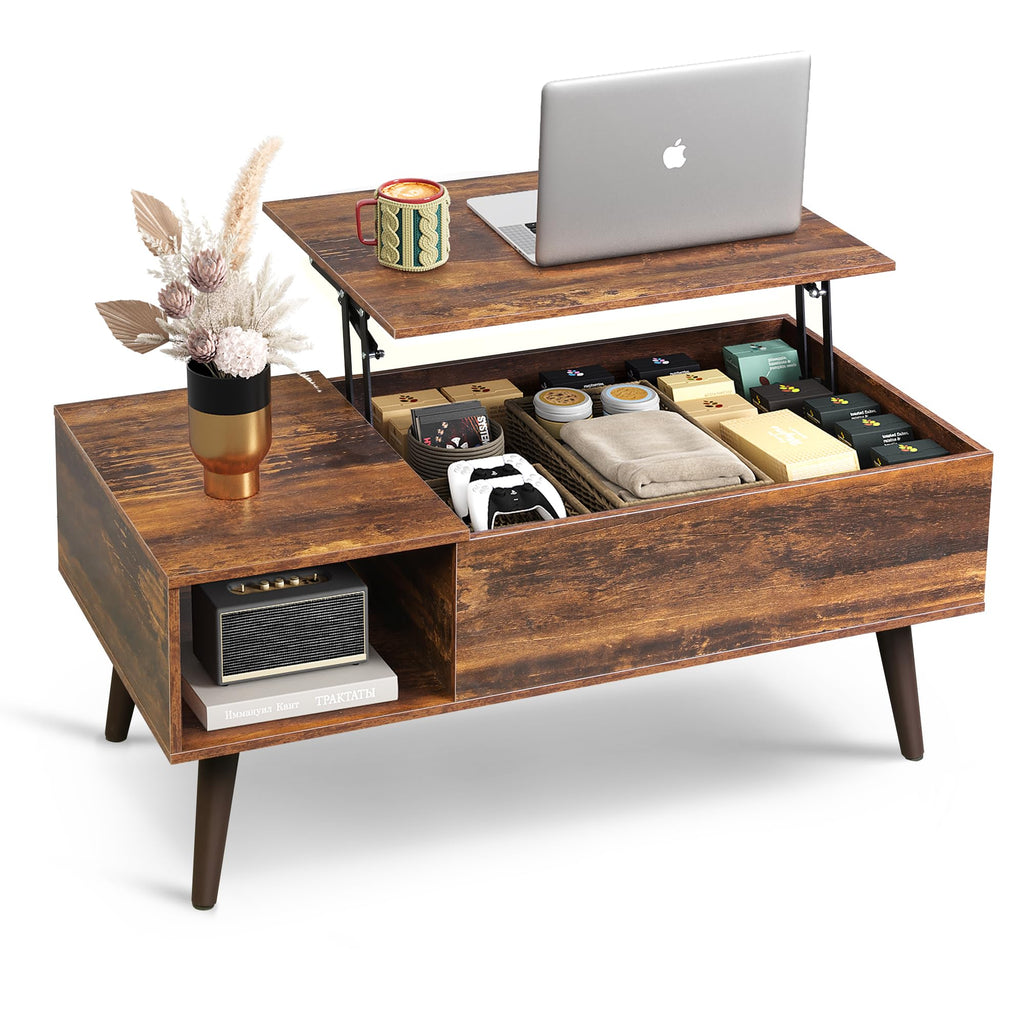 WLIVE Height-Adjustable Coffee Table with Storage Space, Living Room Table with Extendable Top & Open Compartments, Rectangular Coffee Table for Living Room, Rustic Brown