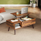 WLIVE Height-Adjustable Coffee Table with Storage Space, Living Room Table with Extendable Top & Open Compartments, Rectangular Coffee Table for Living Room, Rustic Brown