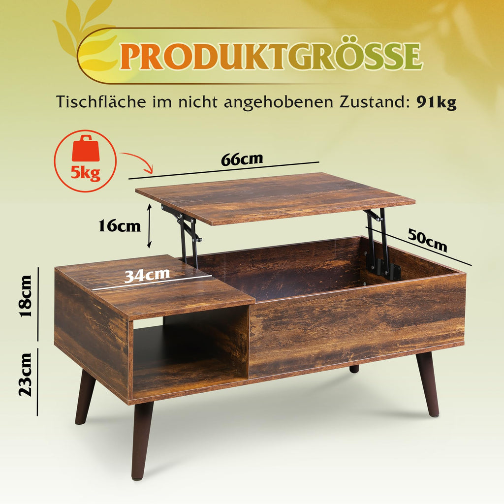 WLIVE Height-Adjustable Coffee Table with Storage Space, Living Room Table with Extendable Top & Open Compartments, Rectangular Coffee Table for Living Room, Rustic Brown