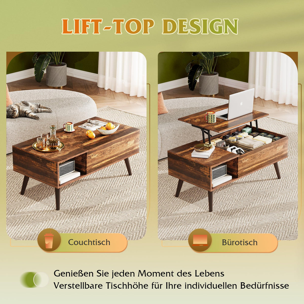 WLIVE Height-Adjustable Coffee Table with Storage Space, Living Room Table with Extendable Top & Open Compartments, Rectangular Coffee Table for Living Room, Rustic Brown