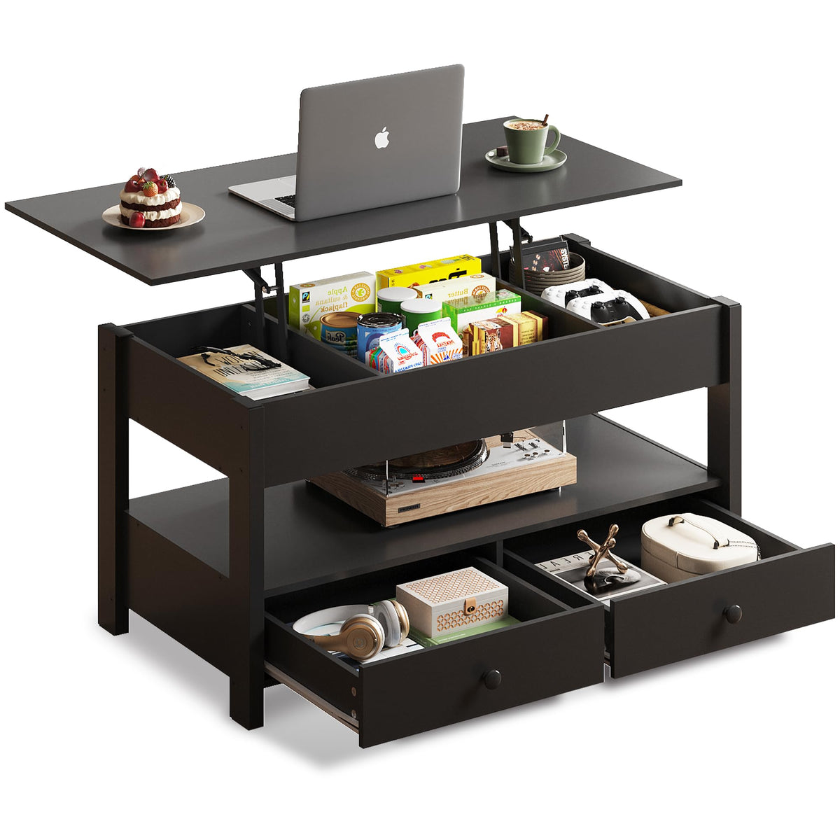 WLIVE Coffee Table 100cm, Lift Up Coffee Table with 2 Drawers, Large Hidden Hidden Compartment and Open Shelf, Lift Tabletop, Dining Table for Living Room, Black