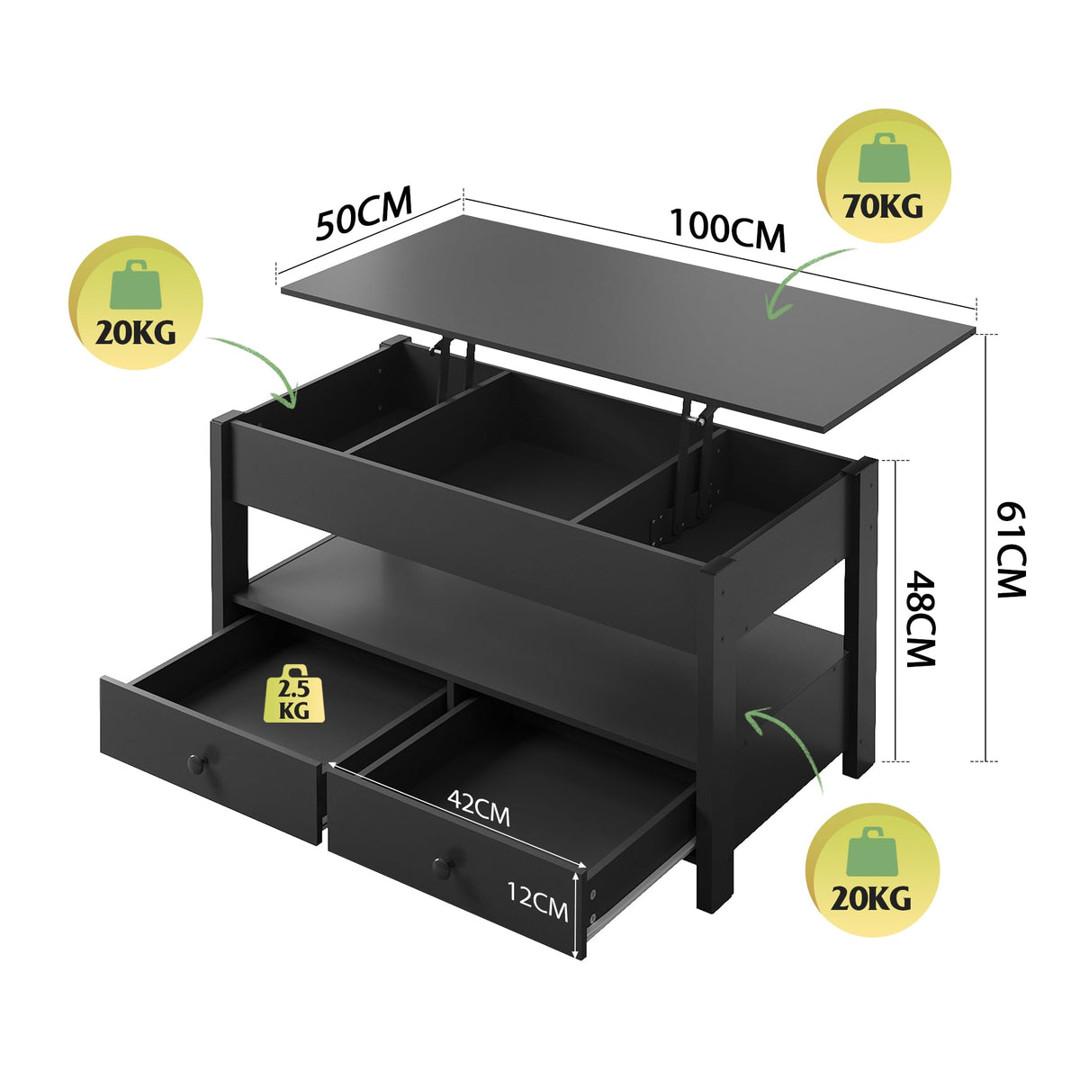 WLIVE Coffee Table 100cm, Lift Up Coffee Table with 2 Drawers, Large Hidden Hidden Compartment and Open Shelf, Lift Tabletop, Dining Table for Living Room, Black