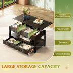 WLIVE Coffee Table 100cm, Lift Up Coffee Table with 2 Drawers, Large Hidden Hidden Compartment and Open Shelf, Lift Tabletop, Dining Table for Living Room, Black
