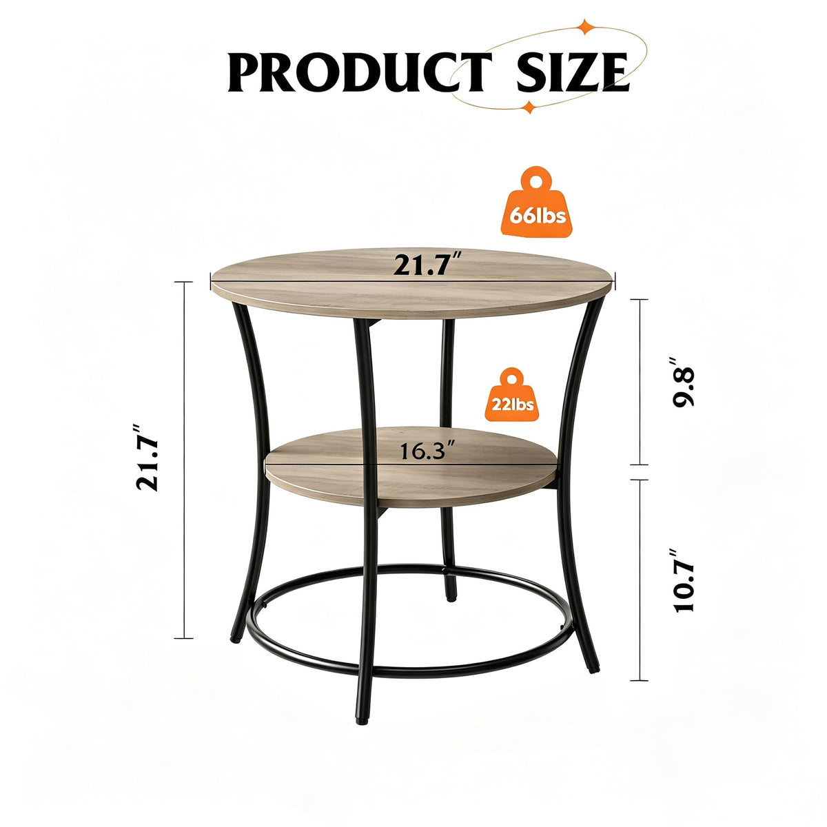 WLIVE 2 Tier Round End Table Steel Frame Small Space Living Room Nightstand