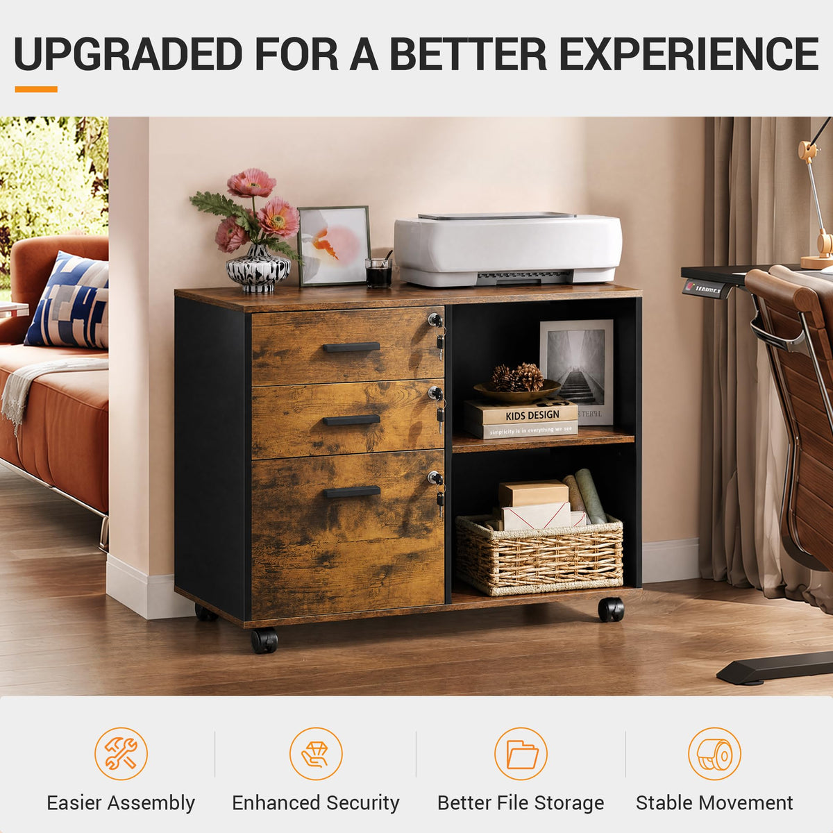 DEVAISE 3-Drawer File Cabinet with Lock, Wood Filing Cabinet, Rustic Brown