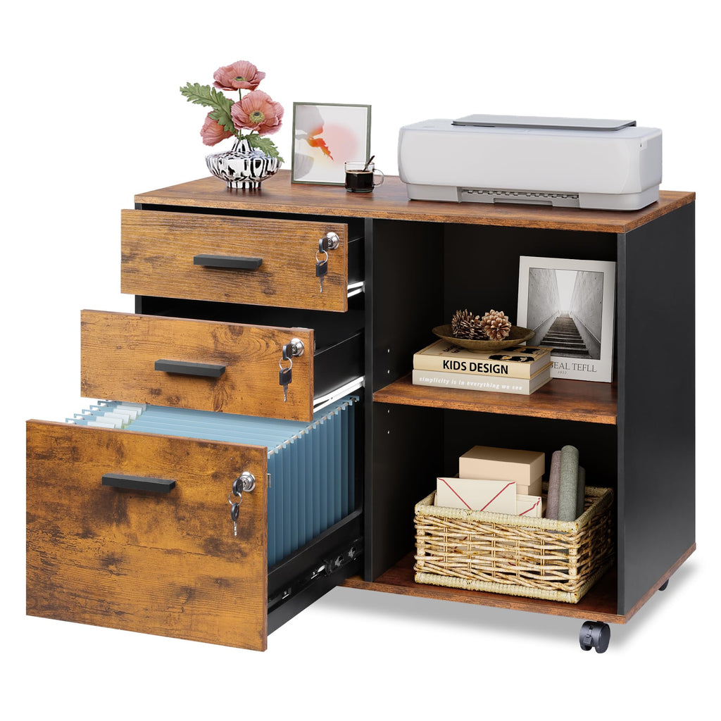 DEVAISE 3-Drawer File Cabinet with Lock, Wood Filing Cabinet, Rustic Brown