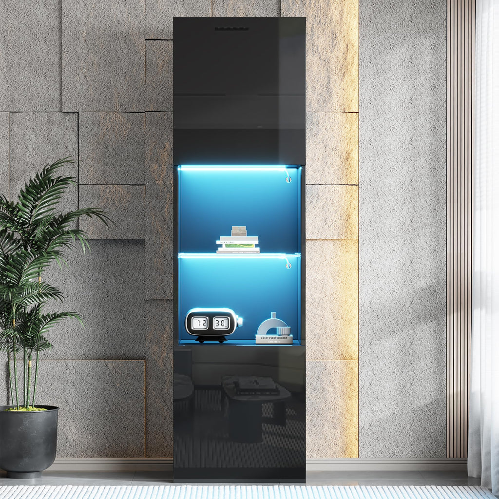 High Gloss Display Cabinet with LED Lighting 1 Glass Shelf 2 Doors Freestanding Tall Cabinet 45 x 35 x 160 cm Storage Cabinet for Living Room Bedroom Dining Room Kitchen Office Black