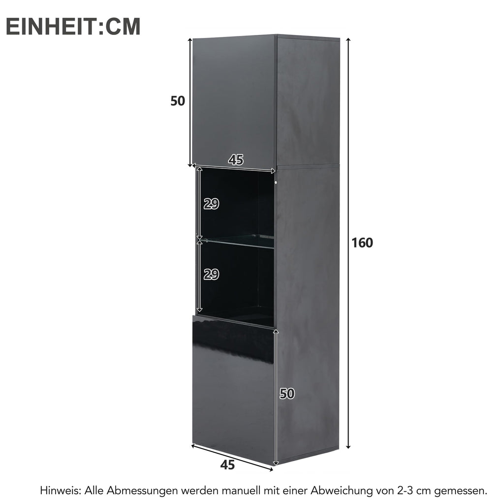 High Gloss Display Cabinet with LED Lighting 1 Glass Shelf 2 Doors Freestanding Tall Cabinet 45 x 35 x 160 cm Storage Cabinet for Living Room Bedroom Dining Room Kitchen Office Black